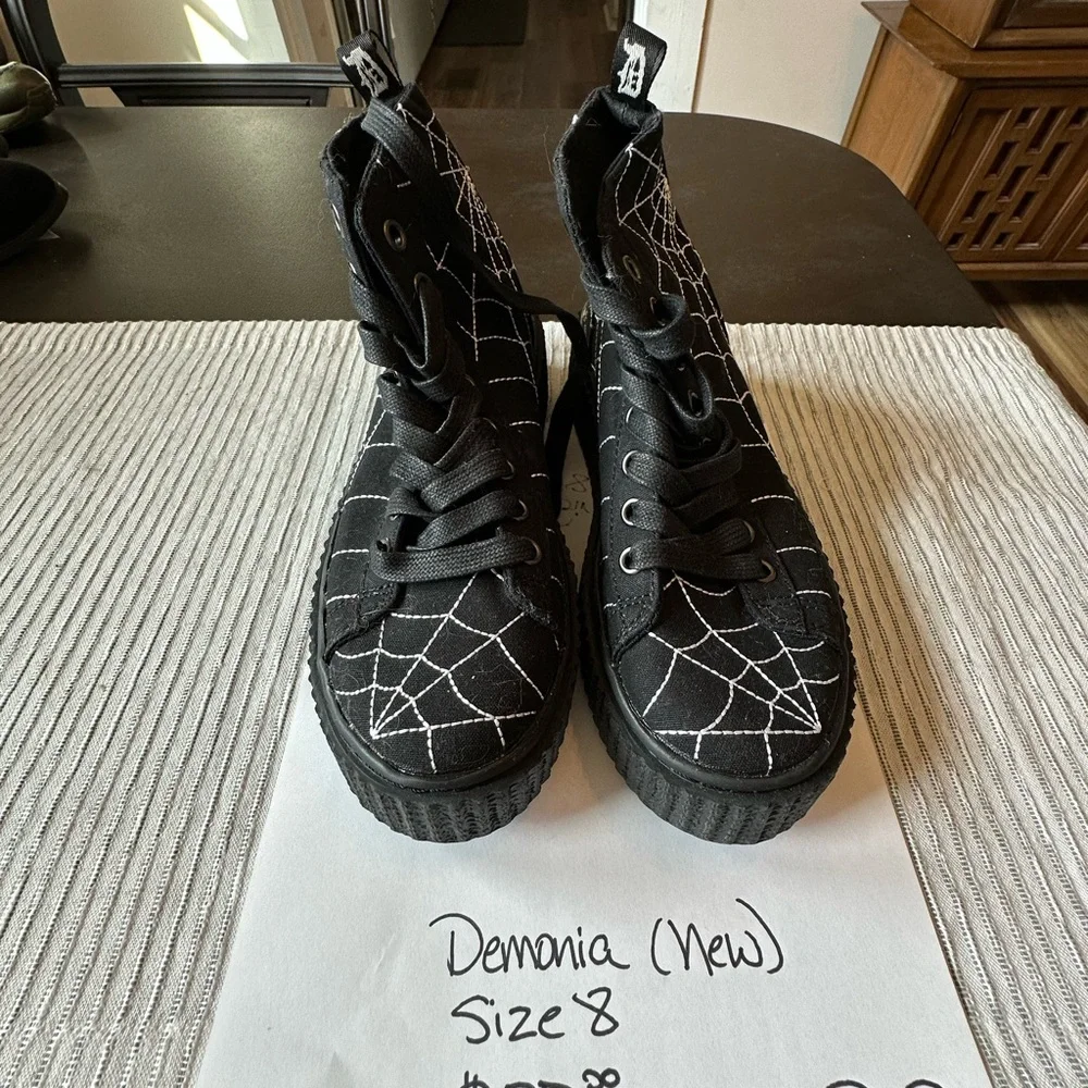 Demonia Black Lace-Up Platform Boots with White Spiderweb Embroidery - Picture 1 of 4